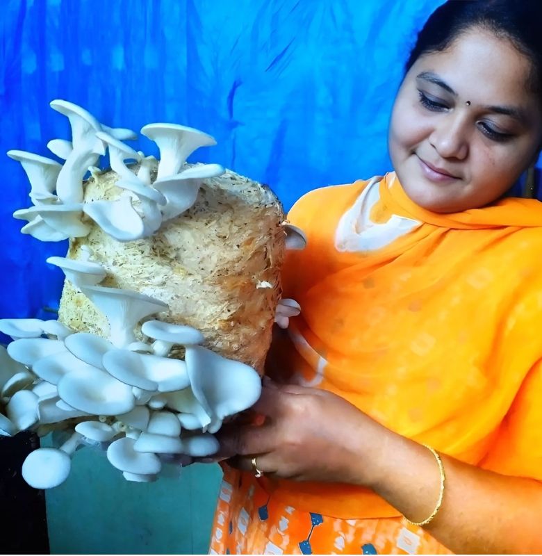 Mushroom-farming entrepreneur with an oyster mushroom cluster