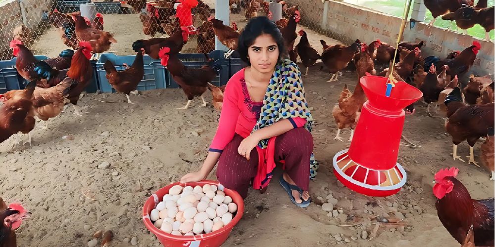 Poultry-farming entrepreneur with a basket of fresh eggs and a feeder, surrounded by free-range birds
